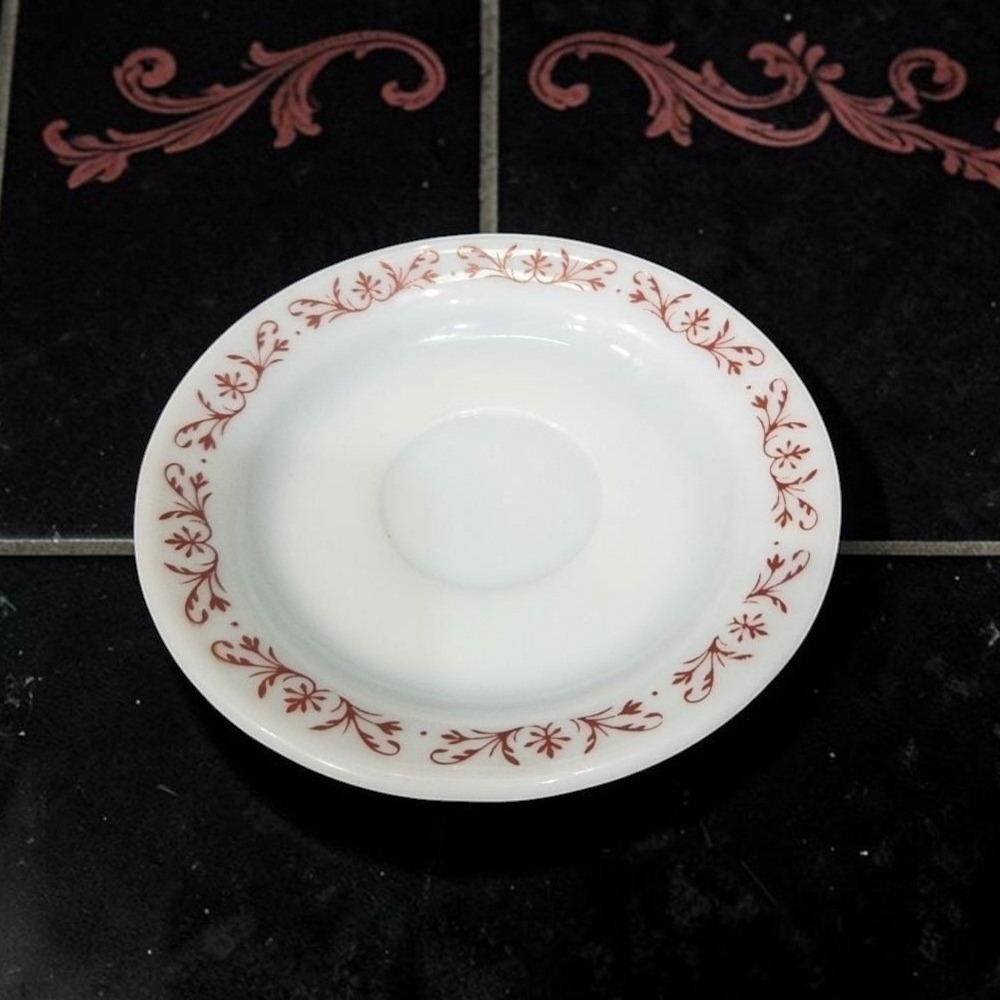 Anchor Hocking Milk Glass Teacup Saucer #947, Copper Filigree Plate, Tableware